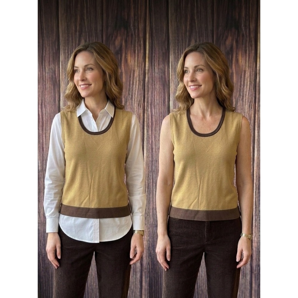 Kasper Sleeveless Sweater Vest Womens L Tan Brown Trim Knit Tank Top Cotton